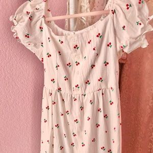 Cottage core Bonne Chance cherry print dress